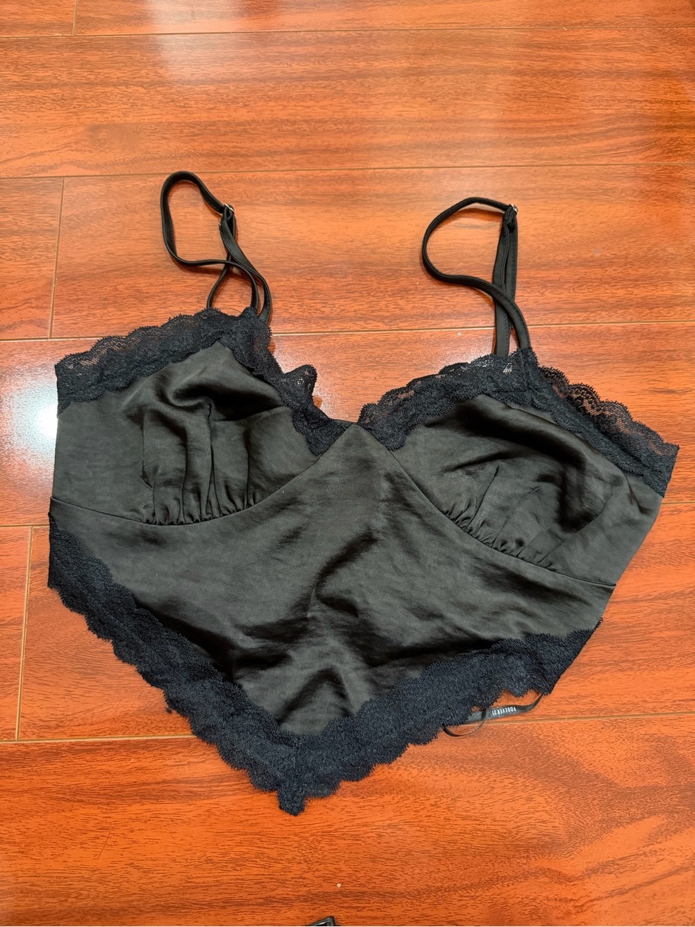 Forever 21 Black Satin Silk Lace Crop Top, Back Tie with Adjustable Straps